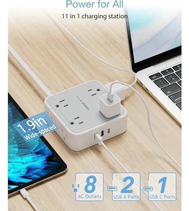 Alt view image 3 of 7 - Surge Protector Power Strip 15 Ft Cord, 8 Widely Spaced Outlets, 3 USB Charger(1 USB C Port), Ultra Thin Flat Plug Extension Cord 15 Feet, 900J Surge Protection for Home, Office, Dorm Room Essentials