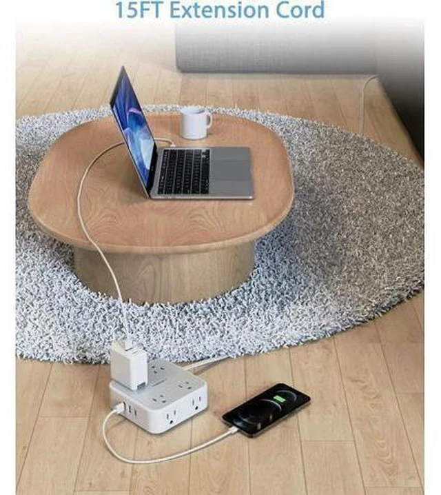 Alt view image 5 of 7 - Surge Protector Power Strip 15 Ft Cord, 8 Widely Spaced Outlets, 3 USB Charger(1 USB C Port), Ultra Thin Flat Plug Extension Cord 15 Feet, 900J Surge Protection for Home, Office, Dorm Room Essentials