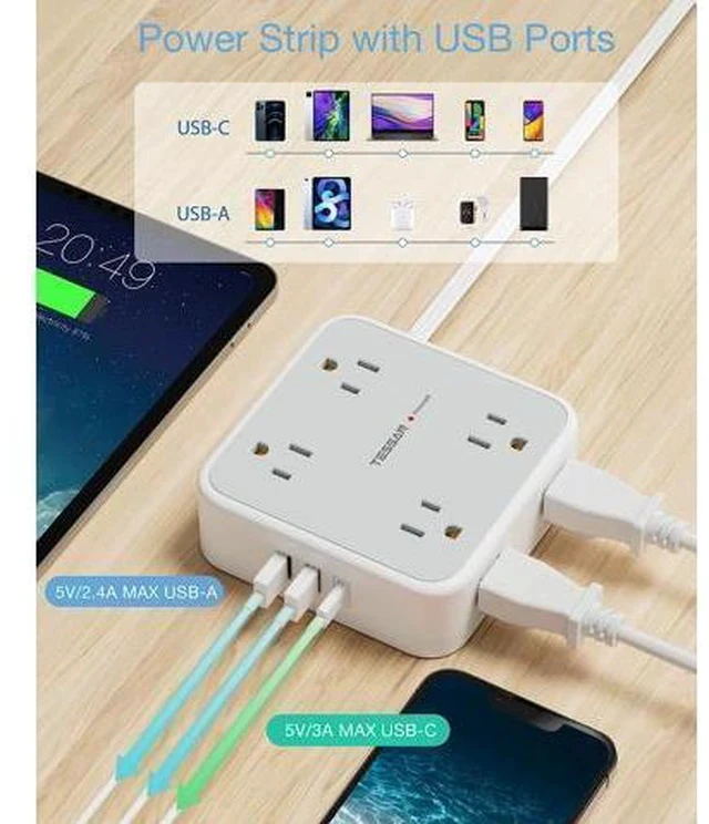 Alt view image 4 of 7 - Surge Protector Power Strip 15 Ft Cord, 8 Widely Spaced Outlets, 3 USB Charger(1 USB C Port), Ultra Thin Flat Plug Extension Cord 15 Feet, 900J Surge Protection for Home, Office, Dorm Room Essentials