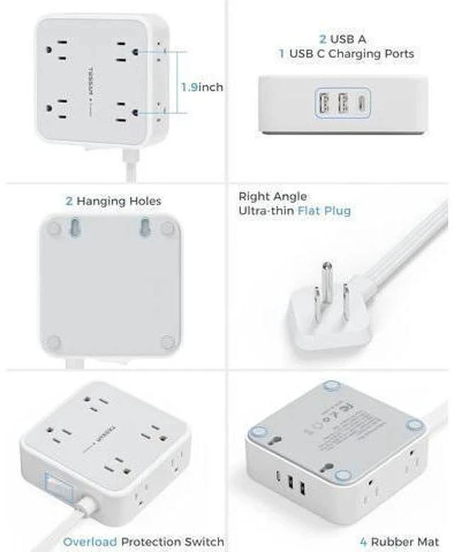 Alt view image 7 of 7 - Surge Protector Power Strip 15 Ft Cord, 8 Widely Spaced Outlets, 3 USB Charger(1 USB C Port), Ultra Thin Flat Plug Extension Cord 15 Feet, 900J Surge Protection for Home, Office, Dorm Room Essentials