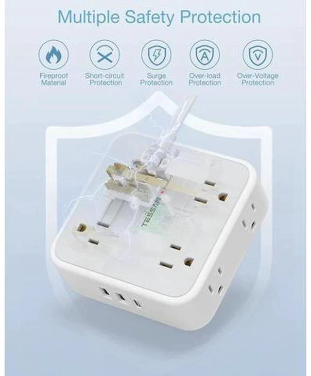 Alt view image 6 of 7 - Surge Protector Power Strip 15 Ft Cord, 8 Widely Spaced Outlets, 3 USB Charger(1 USB C Port), Ultra Thin Flat Plug Extension Cord 15 Feet, 900J Surge Protection for Home, Office, Dorm Room Essentials