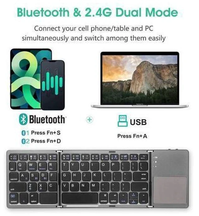 Alt view image 2 of 7 - Multi-Device Foldable Bluetooth Keyboard with Touchpad - Rechargeable Dual-Mode(2.4G+BTx2) Wireless Keyboard with Holder, Portable Ultra Slim Folding Keyboard for Android Windows iOS Mac OS