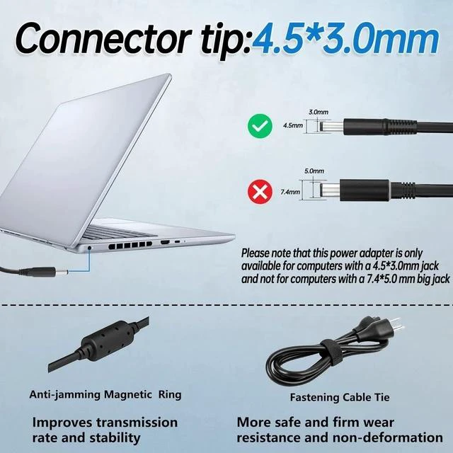 Alt view image 5 of 7 - New 65W Watt 4.5mm Tip Laptop Charger Fit for Inspiron 13 14 15 3000 5000 7000 Series 5558 5755 3147 7348-2in1 5555 5559 0G6j41 0MGJN AC Power Adapter (Power Supply) with Power Cord