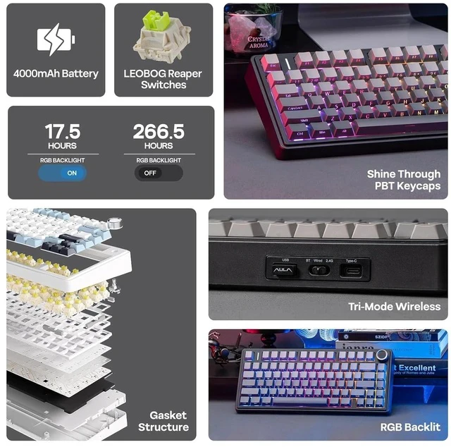 Alt view image 2 of 6 - x Aula F75 Gasket Mechanical Keyboard, 75% Wireless Hot Swappable Gaming Keyboard with Five-Layer Padding&Knob, BT/2.4GHz/USB-C, RGB (Black Gradient, LEOBOG Reaper Switch)