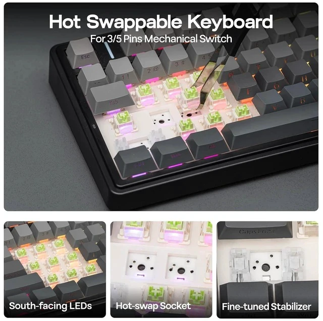 Alt view image 4 of 6 - x Aula F75 Gasket Mechanical Keyboard, 75% Wireless Hot Swappable Gaming Keyboard with Five-Layer Padding&Knob, BT/2.4GHz/USB-C, RGB (Black Gradient, LEOBOG Reaper Switch)