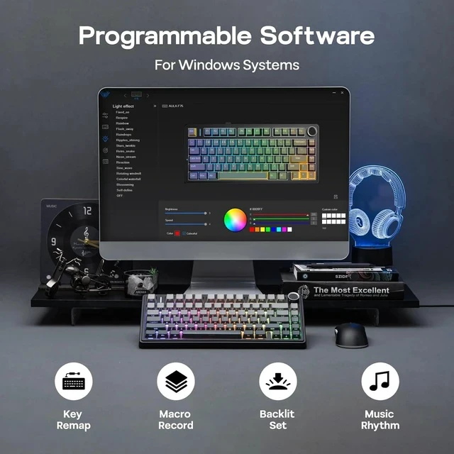 Alt view image 5 of 6 - x Aula F75 Gasket Mechanical Keyboard, 75% Wireless Hot Swappable Gaming Keyboard with Five-Layer Padding&Knob, BT/2.4GHz/USB-C, RGB (Black Gradient, LEOBOG Reaper Switch)