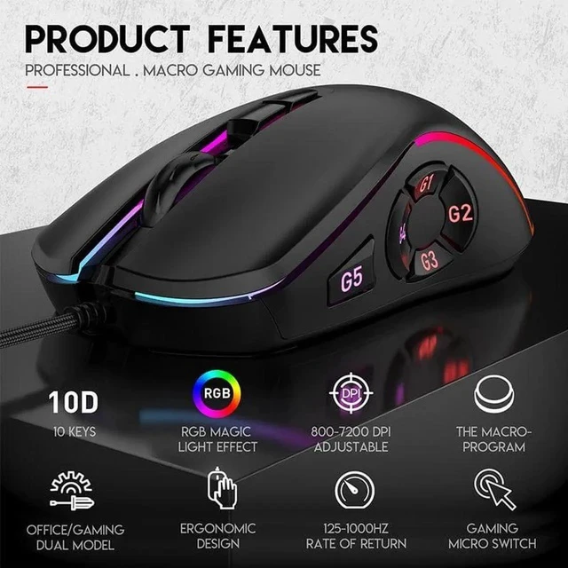 Alt view image 4 of 4 - WISDUM Gaming Mouse USB Wired, RGB Backlit PC Mouse Computer Mice with 14 RGB LED Modes, 7200 DPI Adjustable, 10 Programmable Buttons, Ergonomic USB Optical Mouse for Windows MacOS Laptop Gamer