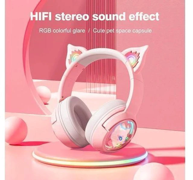 Alt view image 2 of 7 - PHNIXGAM Cute Cat Bluetooth Headphones, Wireless & Wired Mode Headset with Mic, RGB LED Light, for Girls Women School Gaming, Compatible with Mobile Phones Tablet