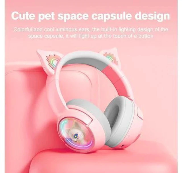 Alt view image 3 of 7 - PHNIXGAM Cute Cat Bluetooth Headphones, Wireless & Wired Mode Headset with Mic, RGB LED Light, for Girls Women School Gaming, Compatible with Mobile Phones Tablet