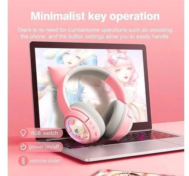 Alt view image 4 of 7 - PHNIXGAM Cute Cat Bluetooth Headphones, Wireless & Wired Mode Headset with Mic, RGB LED Light, for Girls Women School Gaming, Compatible with Mobile Phones Tablet