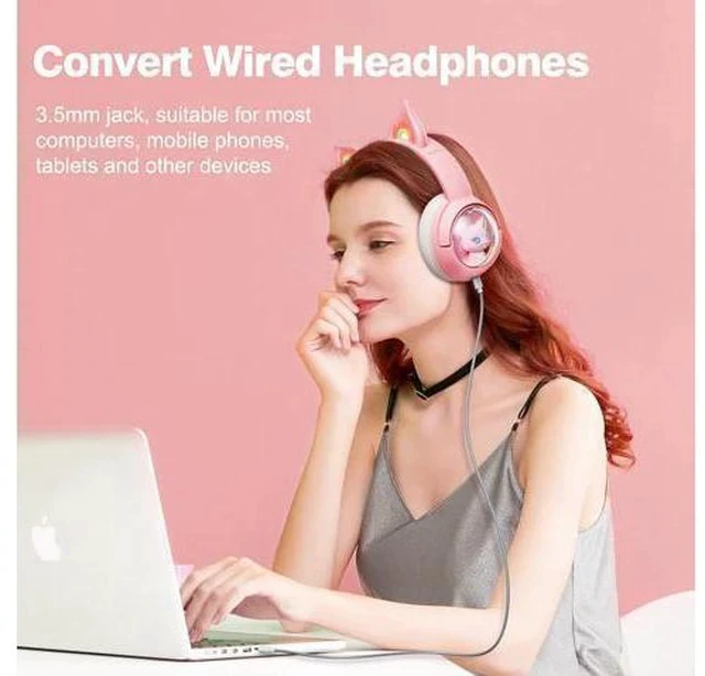 Alt view image 7 of 7 - PHNIXGAM Cute Cat Bluetooth Headphones, Wireless & Wired Mode Headset with Mic, RGB LED Light, for Girls Women School Gaming, Compatible with Mobile Phones Tablet