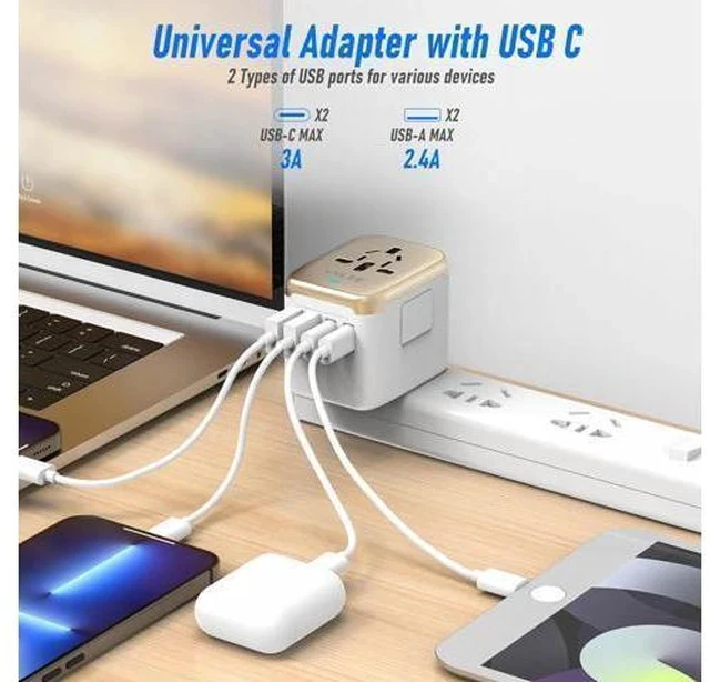Alt view image 2 of 7 - Universal International Power Travel Plug Adapter, 5 in 1 European Travel Plug Adapter W/ 3.5A 2xUSB-A and 2xUSB C Wall Charger and Worldwide AC Outlet for Europe USA UK AUS Asia (White Gold)