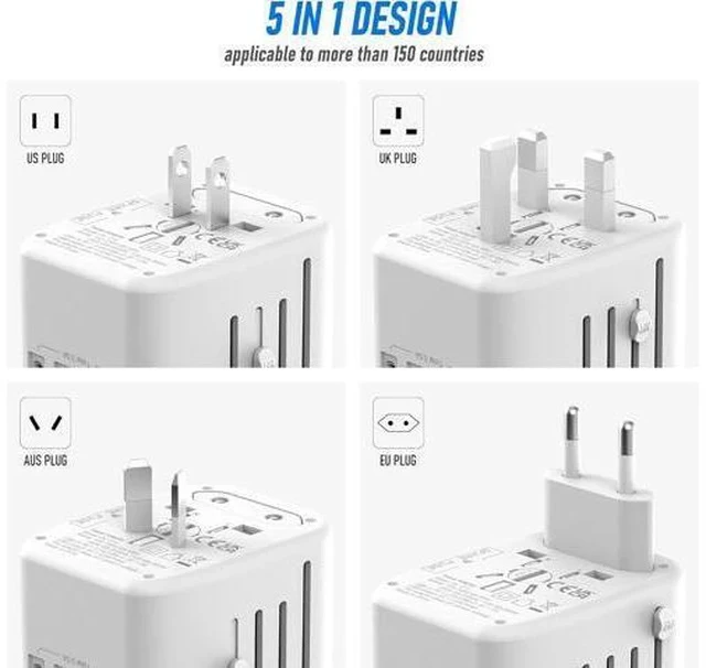 Alt view image 3 of 7 - Universal International Power Travel Plug Adapter, 5 in 1 European Travel Plug Adapter W/ 3.5A 2xUSB-A and 2xUSB C Wall Charger and Worldwide AC Outlet for Europe USA UK AUS Asia (White Gold)