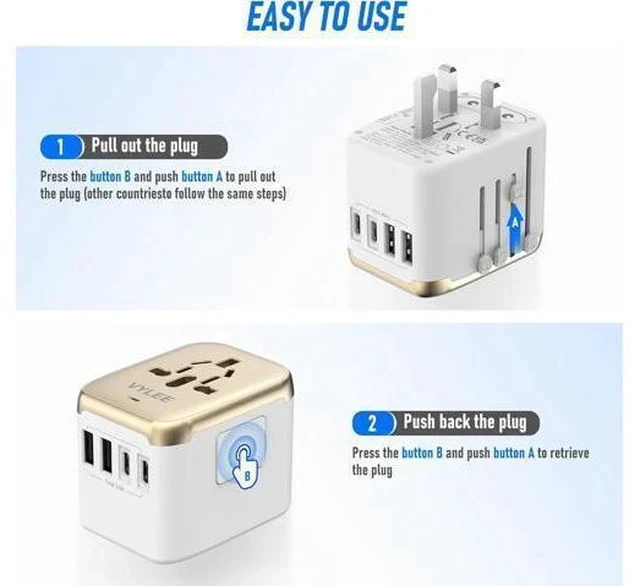 Alt view image 4 of 7 - Universal International Power Travel Plug Adapter, 5 in 1 European Travel Plug Adapter W/ 3.5A 2xUSB-A and 2xUSB C Wall Charger and Worldwide AC Outlet for Europe USA UK AUS Asia (White Gold)