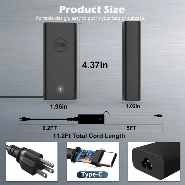 Alt view image 3 of 7 - 60W 65W USB Type C Power Adapter Cord Compatible with Laptop Charger USB C Computer Pro 13 14 16 Plus Latitude 5420 7410 5450 5540 5550 3540 3550 7420 5330 7440 5530 XPS 13 Chromebook