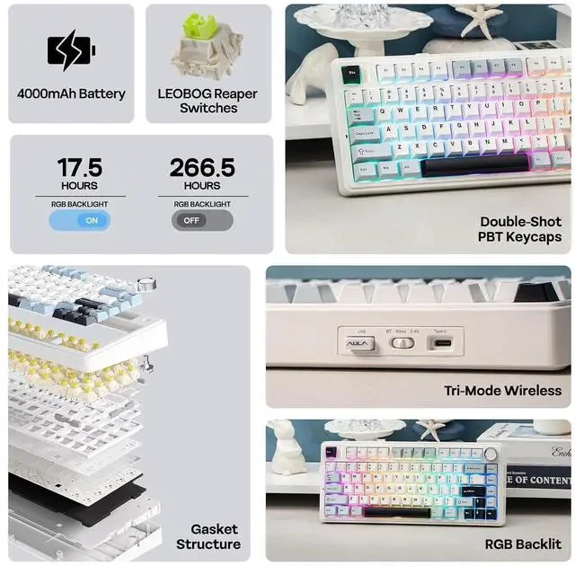 Alt view image 2 of 6 - x Aula F75 Gasket Mechanical Keyboard, 75% Wireless Hot Swappable Gaming Keyboard with Five-Layer Padding&Knob, BT/2.4GHz/USB-C, RGB (Light Blue, Ice Vein Switch)