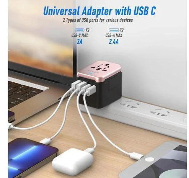 Alt view image 2 of 7 - Universal International Power Travel Plug Adapter, 5 in 1 European Travel Plug Adapter W/ 3.5A 2xUSB-A and 2xUSB C Wall Charger and Worldwide AC Outlet for Europe USA UK AUS(Rose Gold)