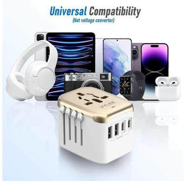 Alt view image 6 of 7 - Universal International Power Travel Plug Adapter, 5 in 1 European Travel Plug Adapter W/ 3.5A 2xUSB-A and 2xUSB C Wall Charger and Worldwide AC Outlet for Europe USA UK AUS Asia (White Gold)