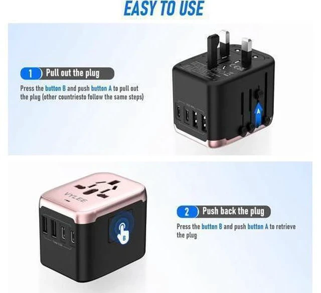 Alt view image 4 of 7 - Universal International Power Travel Plug Adapter, 5 in 1 European Travel Plug Adapter W/ 3.5A 2xUSB-A and 2xUSB C Wall Charger and Worldwide AC Outlet for Europe USA UK AUS(Rose Gold)