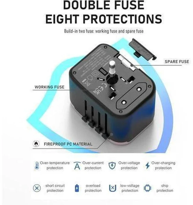 Alt view image 6 of 7 - Universal International Power Travel Plug Adapter, 5 in 1 European Travel Plug Adapter W/ 3.5A 2xUSB-A and 2xUSB C Wall Charger and Worldwide AC Outlet for Europe USA UK AUS(Rose Gold)