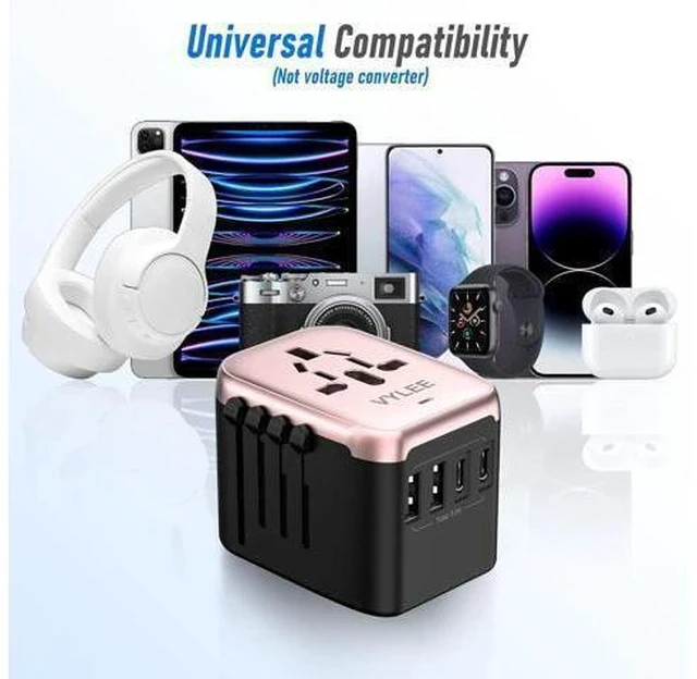 Alt view image 7 of 7 - Universal International Power Travel Plug Adapter, 5 in 1 European Travel Plug Adapter W/ 3.5A 2xUSB-A and 2xUSB C Wall Charger and Worldwide AC Outlet for Europe USA UK AUS(Rose Gold)