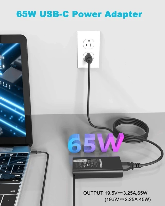 Alt view image 2 of 7 - 60W 65W USB Type C Laptop Charger Compatible with Latitude 5540 5550 5420 5450 3550 3450 7440 7430 5530 3540 5430 5520 7420 e5440 for Chromebook XPS 13 Computer 65 Watt Power Adapter