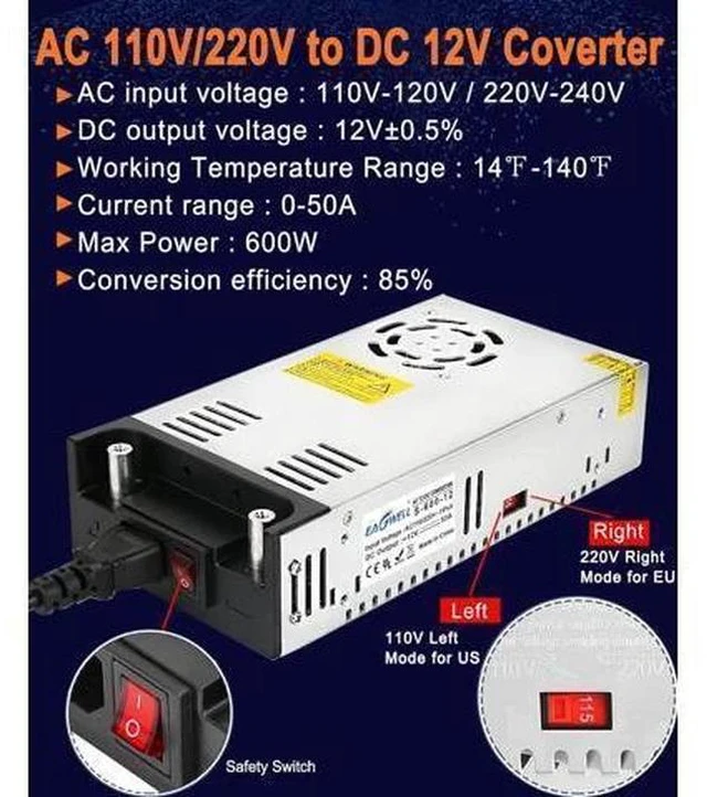 Alt view image 3 of 7 - AC to DC Converter 12V Power Supply,Universal SMPS 120V AC to 12V 50A 600W DC Converter Power Supply Transformer Driver Adapter for RV,Pump,LED Strip, LCD Monitor