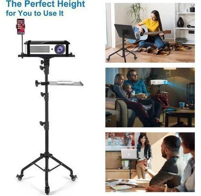 Alt view image 5 of 7 - Projector Stand with Wheels, Laptop Tripod Stand with Phone Holder, Rolling Laptop Tripod with Mouse Tray, Adjustable & Portable Tripod for Sheet Music, DJ