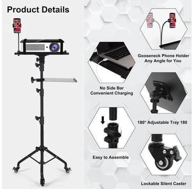 Alt view image 6 of 7 - Projector Stand with Wheels, Laptop Tripod Stand with Phone Holder, Rolling Laptop Tripod with Mouse Tray, Adjustable & Portable Tripod for Sheet Music, DJ