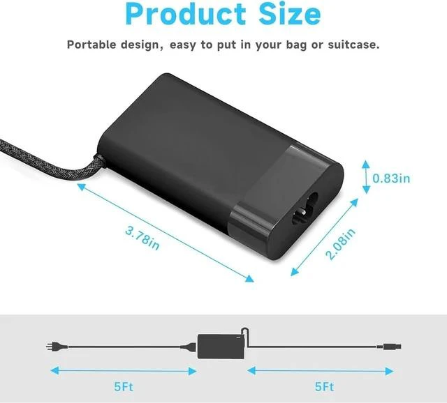 Alt view image 3 of 7 - 65W Laptop Charger Compatible with HP Envy X360 Elitebook x360 Elite x2 Chromebook X360 20V/3.25A AC Adapter Compatible with ZBook ProBook Type C Travel Fast Charging Laptop Power Cord