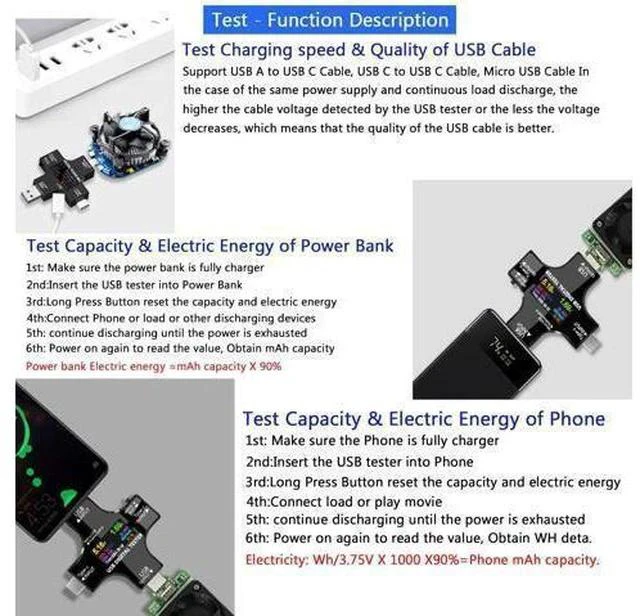 Alt view image 4 of 7 - USB C Tester,2 in 1 Tester Color Screen IPS Digital Multimeter(2024),Voltage,Cur,Pwr,Resistance,Elec,Temp,Capacity,Tme,Fast Charging,with USB Clip Cable Support PD2.0/PD3.0,QC2.0/QC3.0,BC1.2