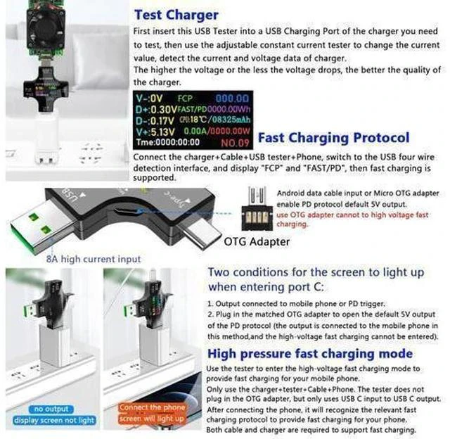 Alt view image 5 of 7 - USB C Tester,2 in 1 Tester Color Screen IPS Digital Multimeter(2024),Voltage,Cur,Pwr,Resistance,Elec,Temp,Capacity,Tme,Fast Charging,with USB Clip Cable Support PD2.0/PD3.0,QC2.0/QC3.0,BC1.2