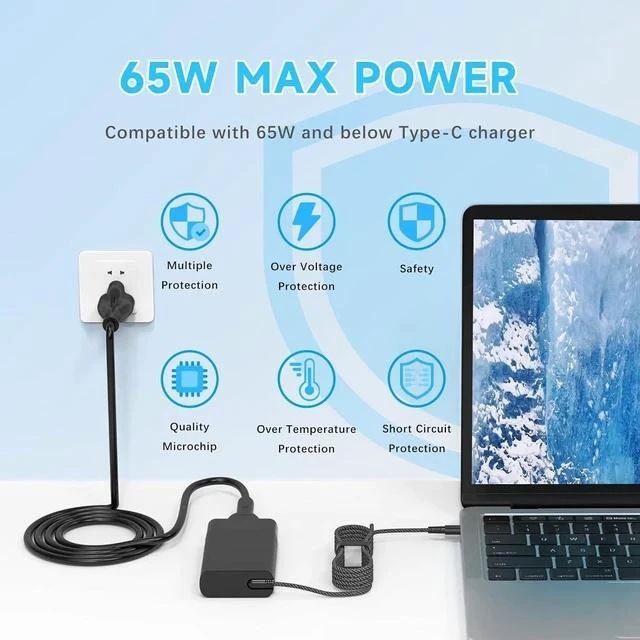 Alt view image 5 of 7 - 65W Laptop Charger Compatible with HP Envy X360 Elitebook x360 Elite x2 Chromebook X360 20V/3.25A AC Adapter Compatible with ZBook ProBook Type C Travel Fast Charging Laptop Power Cord