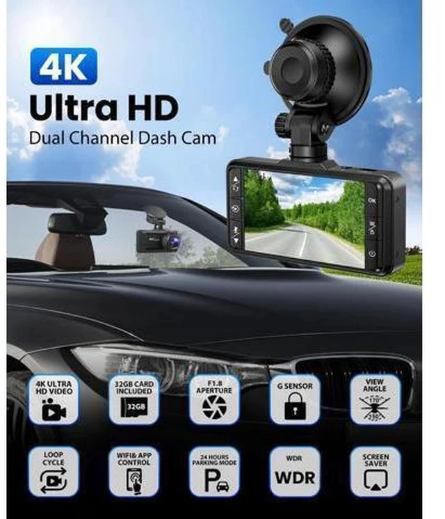 Alt view image 2 of 7 - Dash Cam Front Rear 4K/1080P, Dash Camera for Cars Build in WIFI, Full HD Dash Cam with APP Control, 3.94 IPS Screen Dash camera with 32GB SD Card, G-Sensor, WDR, 24Hr Parking Mote, Loop Recording