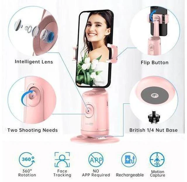 Alt view image 4 of 7 - Auto Tracking Phone Holder, Auto Face Tracking Tripod, Portable All-in-one Smart Selfie Stick 360 Rotation Fast Face & Object Tracking Cameraman Robot Mount for Phone Video Vlog Live Streaming(Pink)