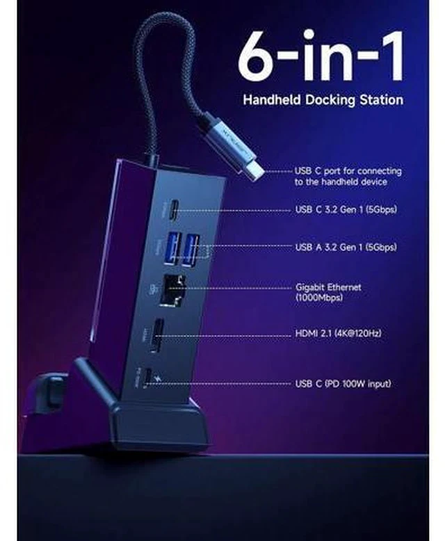 Alt view image 5 of 7 - Docking Station & 100W Charger for ROG Xbox Ally X (2025)/ROG Ally X/Steam Deck/Legion Go, 6-in-1 Dock with HDMI 4K@120Hz, Gigabit Ethernet, Dual USB A & USB C 3.2 Gen 1, 100W Charging - HB0609