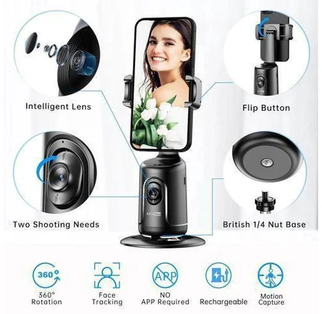 Alt view image 7 of 7 - Auto Tracking Phone Holder, Auto Face Tracking Tripod, Portable All-in-one Smart Selfie Stick 360 Rotation Fast Face & Object Tracking Cameraman Robot Mount for Phone Video Vlog Live Streaming(Black)