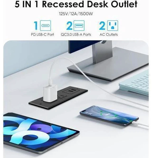 Alt view image 2 of 7 - Recessed Power Strip, Flush Mounted Drawer Outlet with PD 20W Fast Charging USB-C Ports, Recessed Outlet for Conference Rooms, Office Tables, Furniture, 10FT Cord(ETL Listed)