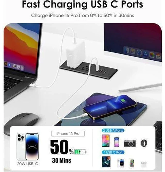Alt view image 3 of 7 - Recessed Power Strip, Flush Mounted Drawer Outlet with PD 20W Fast Charging USB-C Ports, Recessed Outlet for Conference Rooms, Office Tables, Furniture, 10FT Cord(ETL Listed)
