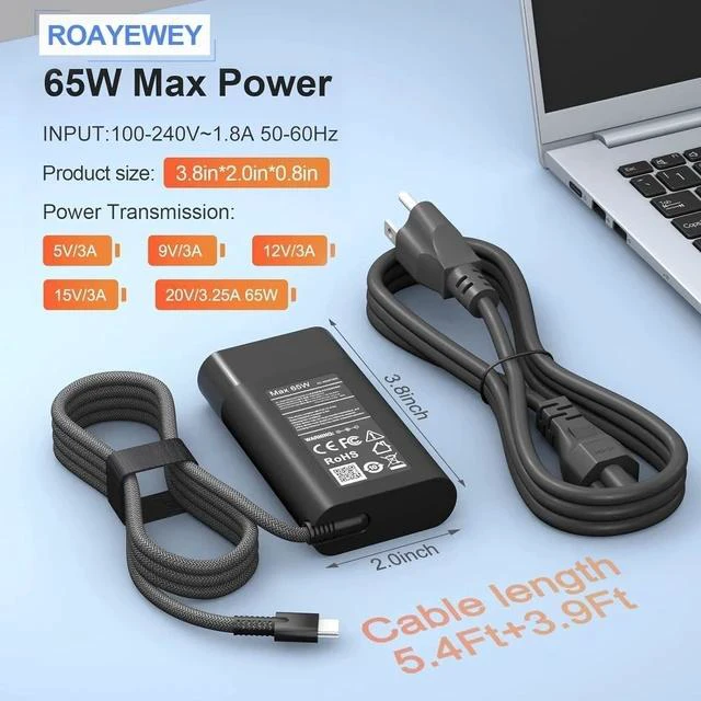 Alt view image 4 of 7 - New Slim 65W USB C Charger Compatible with HP Spectre X360 14 2 in 1 Elitebook x360 Pavilion Envy Elite x2 Fast Charging Type C Travel Laptop Power Adapter