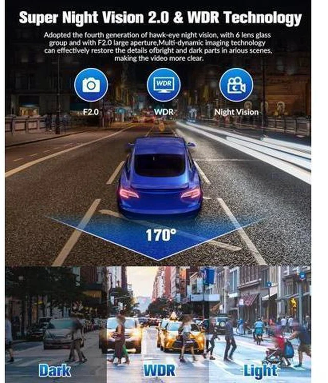 Alt view image 4 of 7 - Dash Camera for Cars,4K Full UHD Car Camera Front Rear with 32GB Card,Built-in Super Night Vision,2.0' IPS Screen,170°Wide Angle,WDR, 24H Parking Mode, Loop Recording