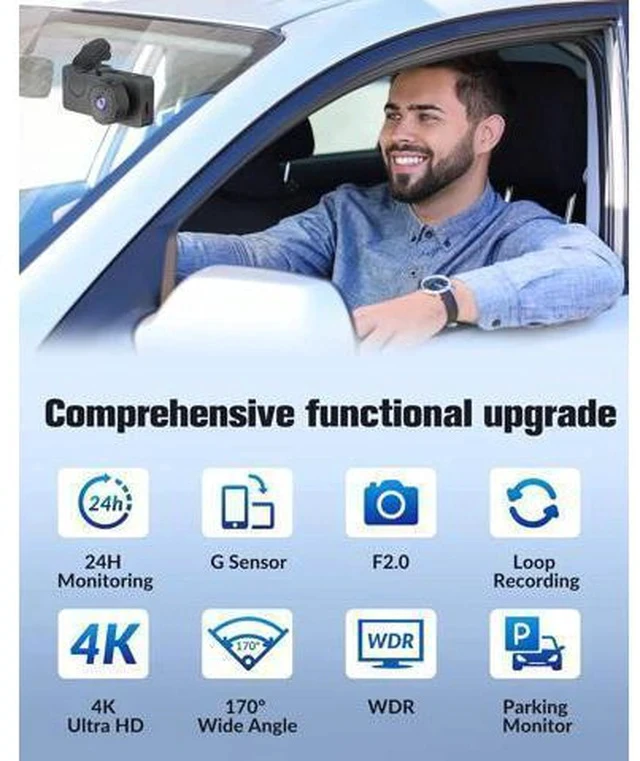 Alt view image 6 of 7 - Dash Camera for Cars,4K Full UHD Car Camera Front Rear with 32GB Card,Built-in Super Night Vision,2.0' IPS Screen,170°Wide Angle,WDR, 24H Parking Mode, Loop Recording