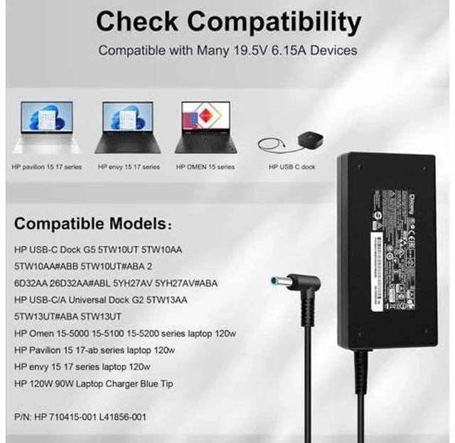 Alt view image 5 of 7 - 120W 6.15A Charger 710415-001 L41856-001 for HP USB-C Dock G5 5TW10UT 5TW10AA 5TW10AA#ABB 5TW10UT#ABA USB-C/A Universal Dock G2 5TW13AA HP Omen 15-5000 15-5100 15-5200 Laptop Charger