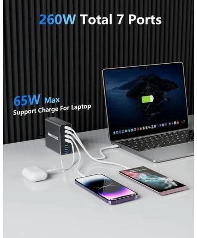 Alt view image 2 of 7 - Aluminum Alloy 260W USB C Charger GaN Fast USB C Charging Station 7 Ports 65W Laptop Charger for MacBook Pro/Air/iPad Pro/iPhone (Gray)