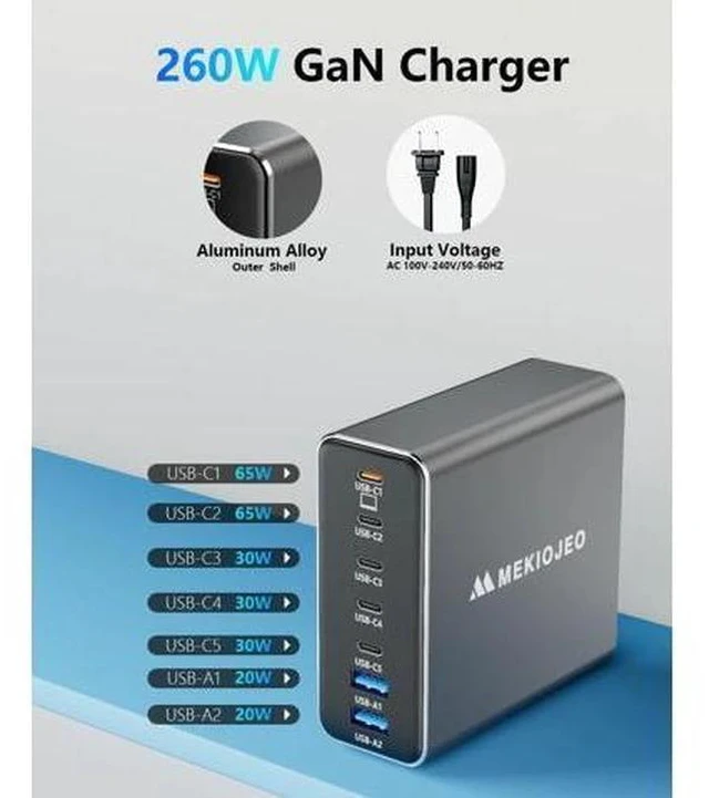 Alt view image 3 of 7 - Aluminum Alloy 260W USB C Charger GaN Fast USB C Charging Station 7 Ports 65W Laptop Charger for MacBook Pro/Air/iPad Pro/iPhone (Gray)