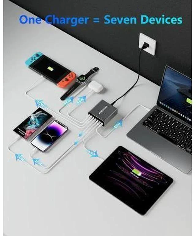 Alt view image 4 of 7 - Aluminum Alloy 260W USB C Charger GaN Fast USB C Charging Station 7 Ports 65W Laptop Charger for MacBook Pro/Air/iPad Pro/iPhone (Gray)