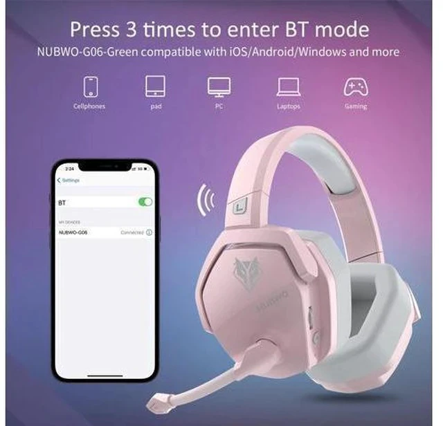 Alt view image 2 of 7 - G06 Wireless Gaming Headset with Microphone for PS5, PS4, PC, Mac, 3-in-1 Gamer Headphones wit Mic, 2.4GHz Wireless for PS Console, Bluetooth Mode for Switch, Wired Mode for Controller Pink