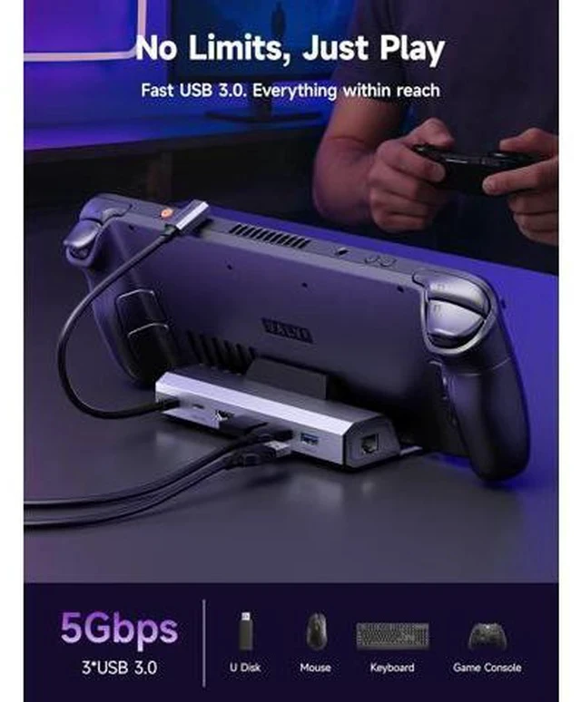 Alt view image 5 of 7 - 4K@120Hz Docking Station and 65W Charger for Steam Deck OLED/ROG Ally X/Legion Go (S), 6-in-1 Dock with HDMI 2.1, Gigabit Ethernet, 3 USB 3.0 and 100W Charge-HB0603