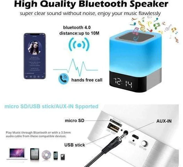 Alt view image 2 of 7 - Night Light Bluetooth Speaker, Alarm Clock Wireless Bluetooth Speaker MP3 Player, Touch-Control Dimmable Multi-Color Changing Bedside Lamp, USB Flash Drive/MicroSD/AUX Support