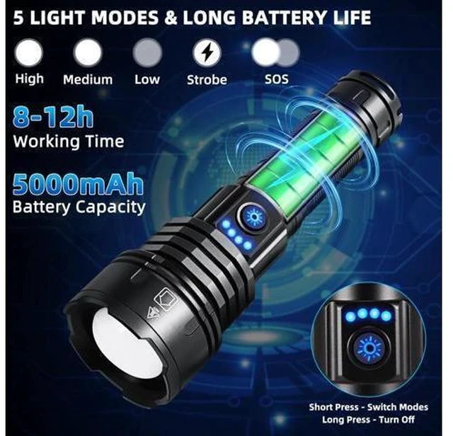 Alt view image 3 of 7 - Flashlights High Lumens Rechargeable, 990000LM Super Bright Flashlight, Adjustable Tactical Flashlight, 5Mode Flash Light High Powered, Waterproof LED Flashlight for Camping, Hiking, Home, Emergencies